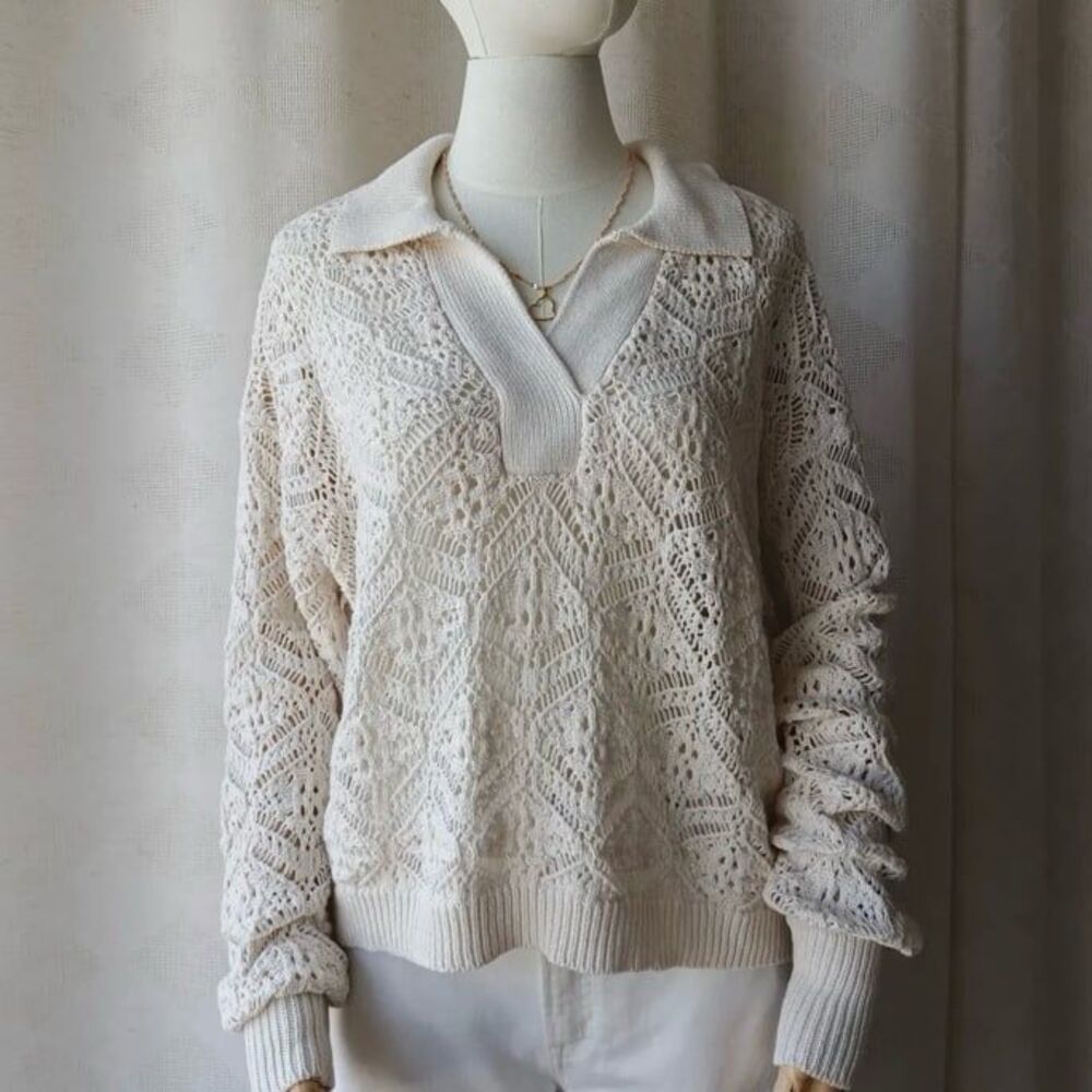 Cream crochet knit collared pointelle sweater